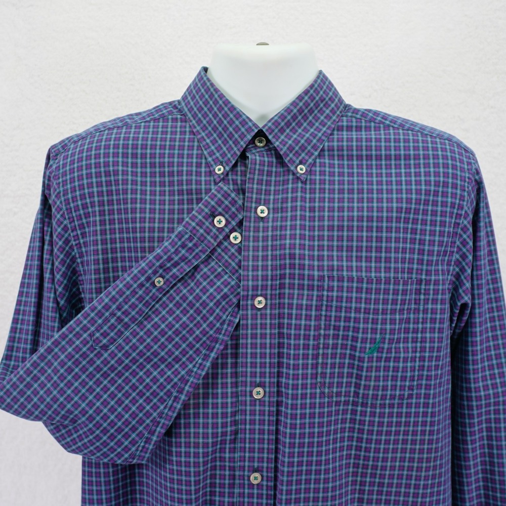 Nautica A Bit Trimmer -Large- Cotton Purple Blue Check Button Down Dress Shirt